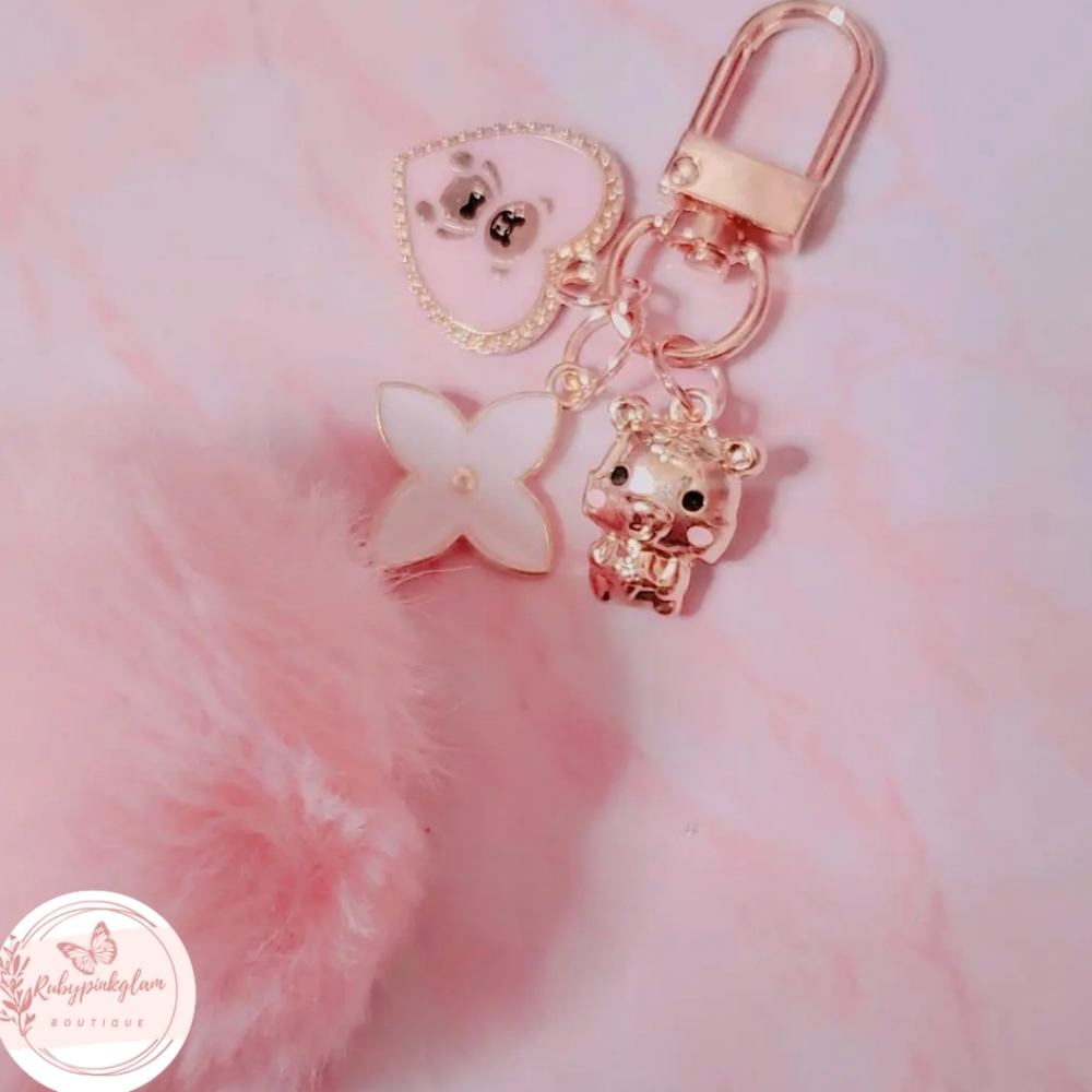 💖 Teddy Bear Pompom Keychain (Pink) 💖